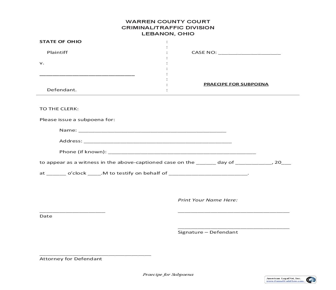 Praecipe For Subpoena | Pdf Fpdf Doc Docx | Ohio