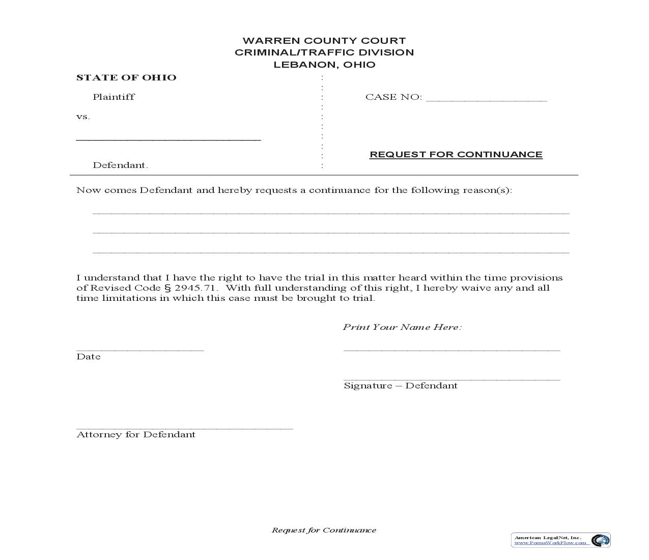 Request For Continuance | Pdf Fpdf Doc Docx | Ohio