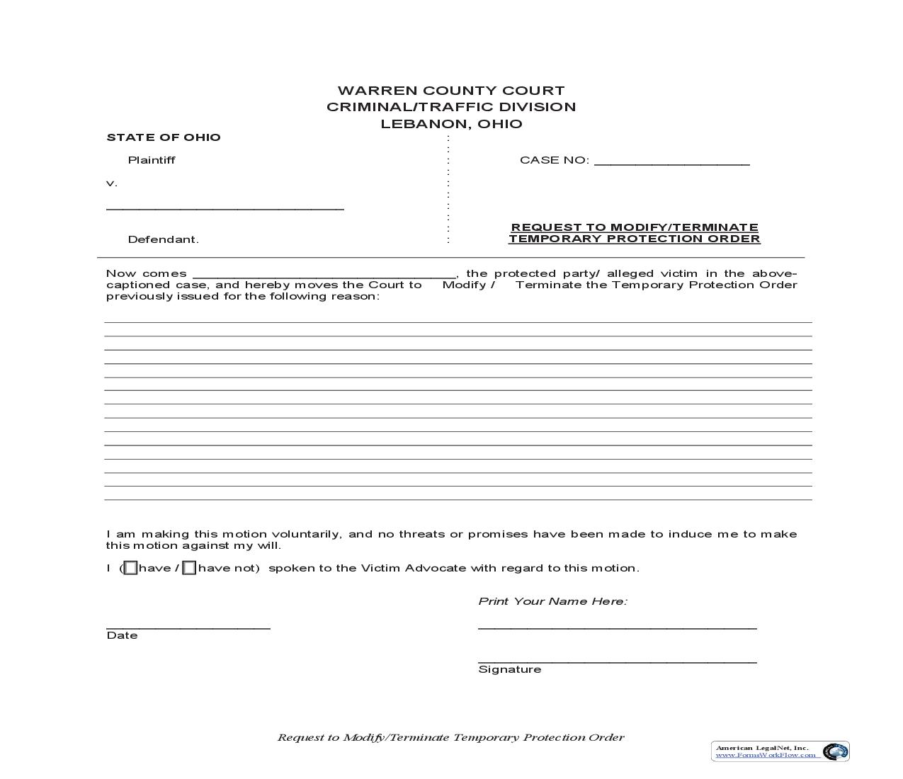 Request To Modify Or Terminate Temporary Protection Order | Pdf Fpdf Doc Docx | Ohio
