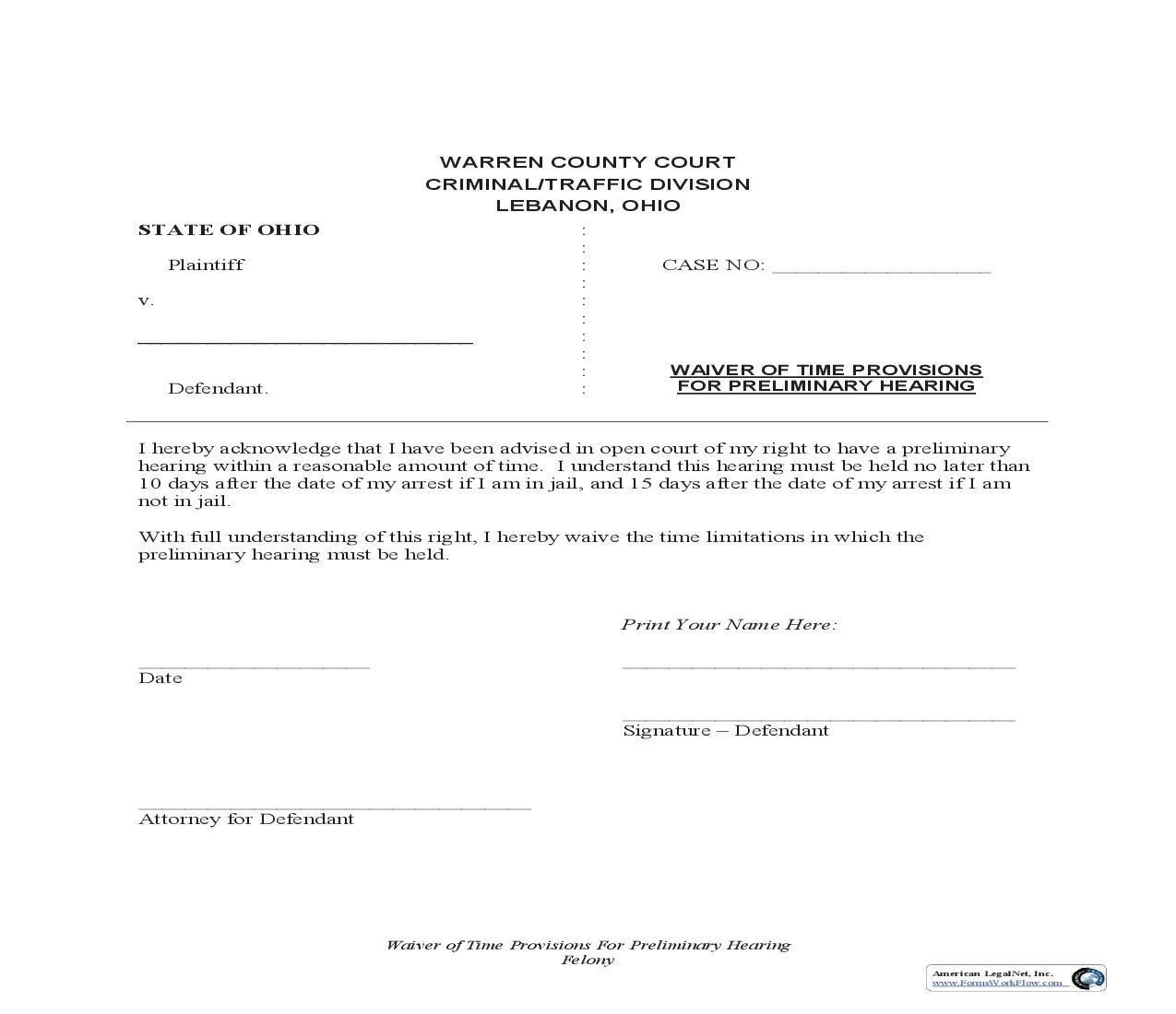 Waiver Of Time Provisions For Preliminary Hearing. | Pdf Fpdf Doc Docx | Ohio
