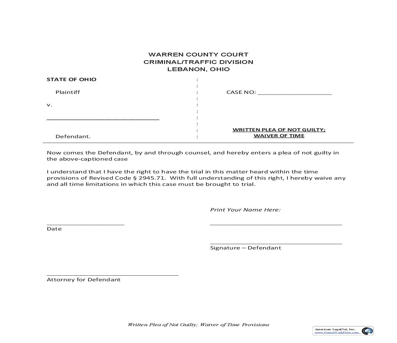 Written Plea Of Not Guilty Waiver Of Time | Pdf Fpdf Doc Docx | Ohio