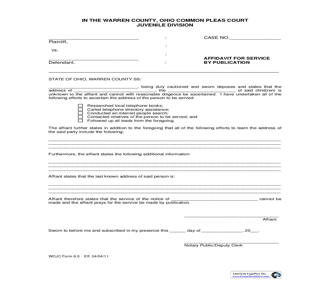 Affidavit For Service By Publication - Civil {WCJC-6} | Pdf Fpdf Doc Docx | Ohio
