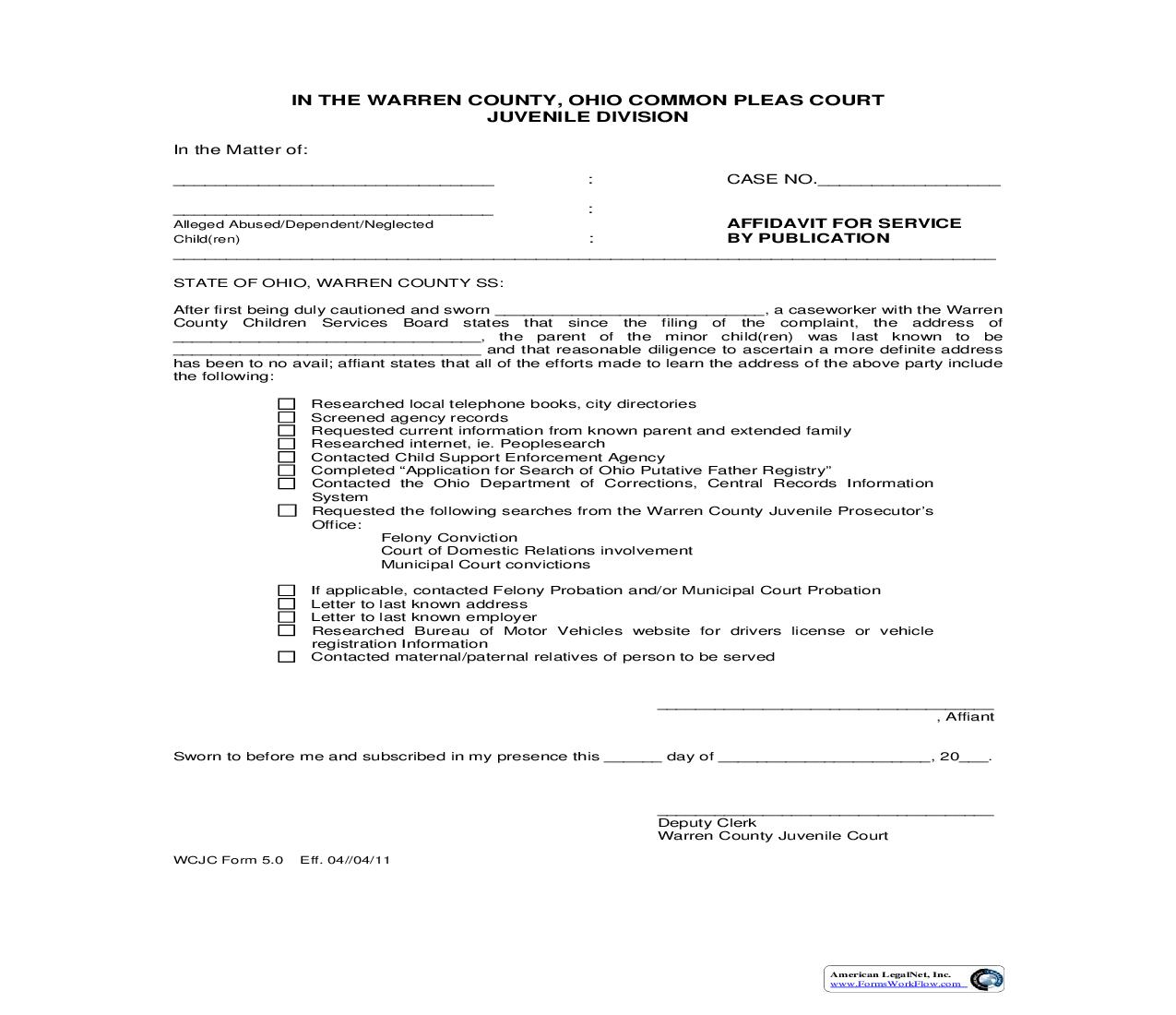 Affidavit For Service By Publication - DNA {WCJC-5} | Pdf Fpdf Doc Docx | Ohio