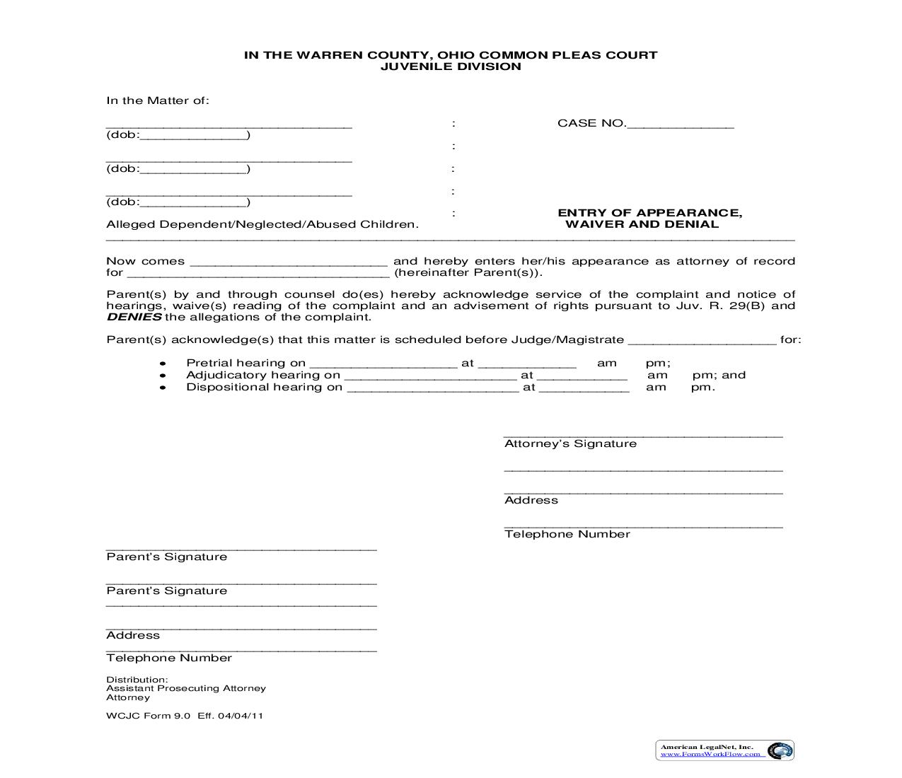 Entry Of Appearance Waiver And Denial {WCJC-9} | Pdf Fpdf Doc Docx | Ohio