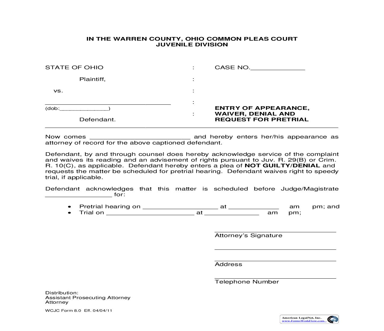 Entry Of Appearance, Waiver, Denial, And Request For Pretrial {WCJC-8} | Pdf Fpdf Doc Docx | Ohio