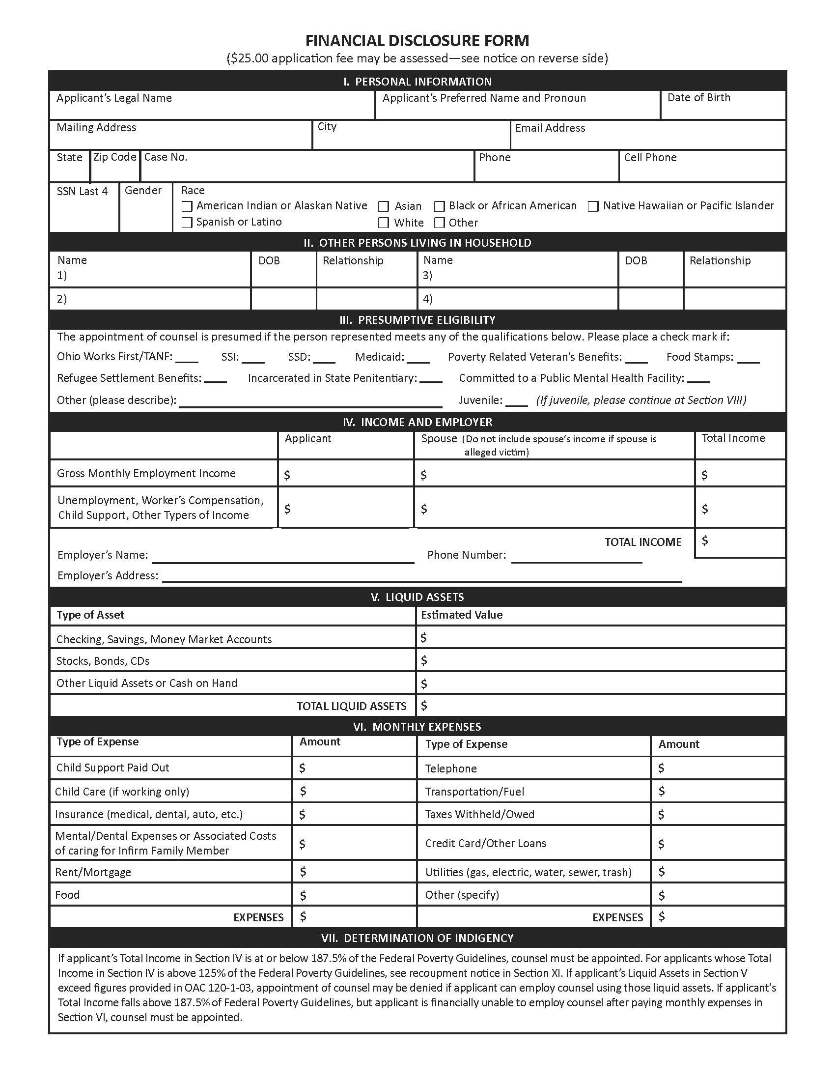 Financial Disclosure Affidavit Of Indigency {WCJC-12} | Pdf Fpdf Doc Docx | Ohio