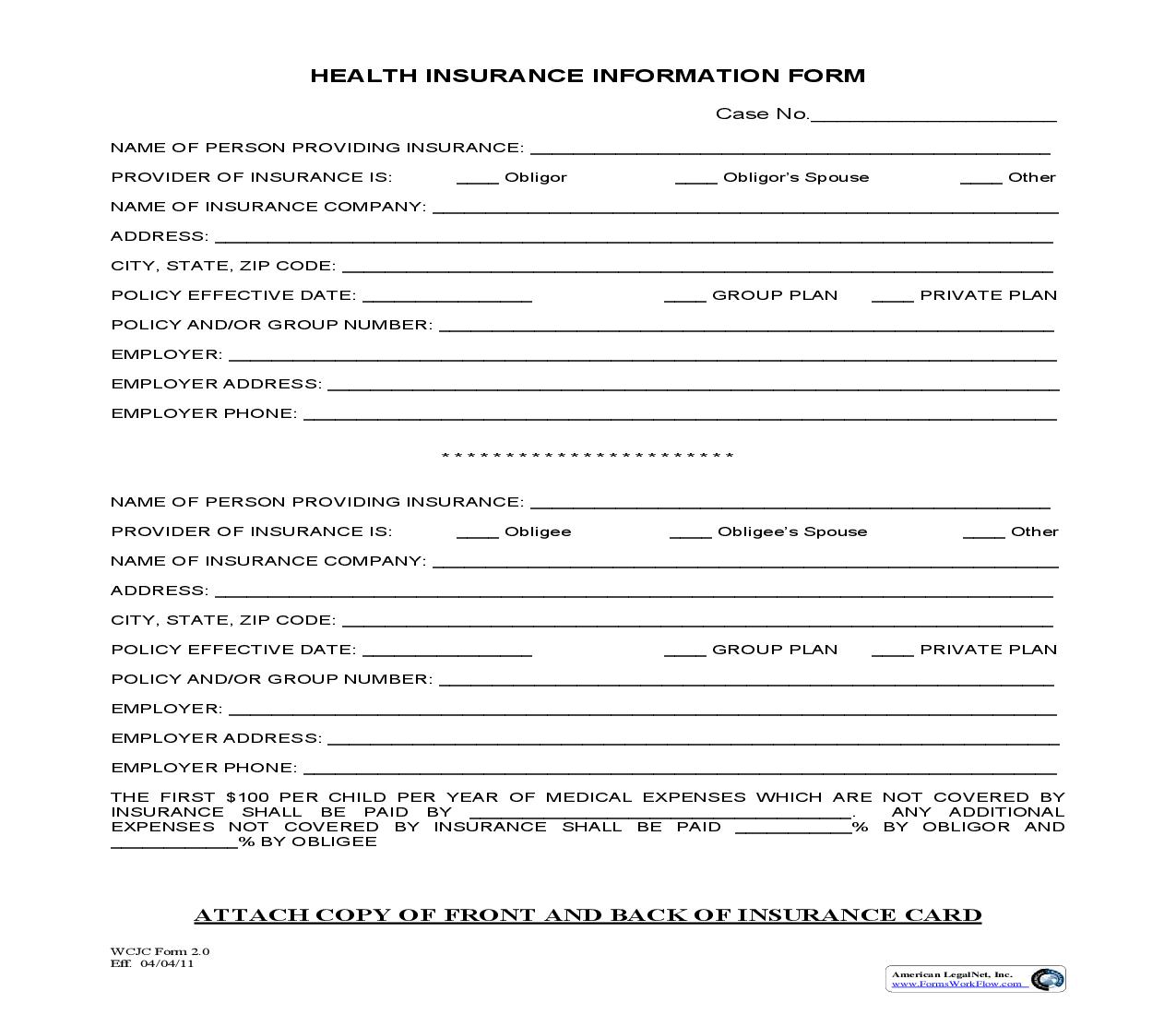 Health Insurance Information Form {WCJC-2} | Pdf Fpdf Doc Docx | Ohio