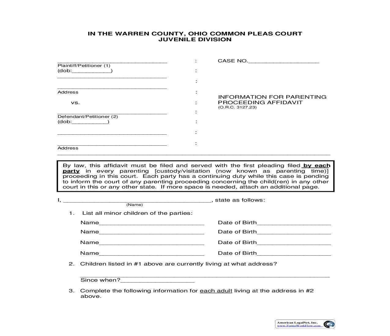Information For Parenting Proceeding Affidavit {WCJC-3} | Pdf Fpdf Doc Docx | Ohio