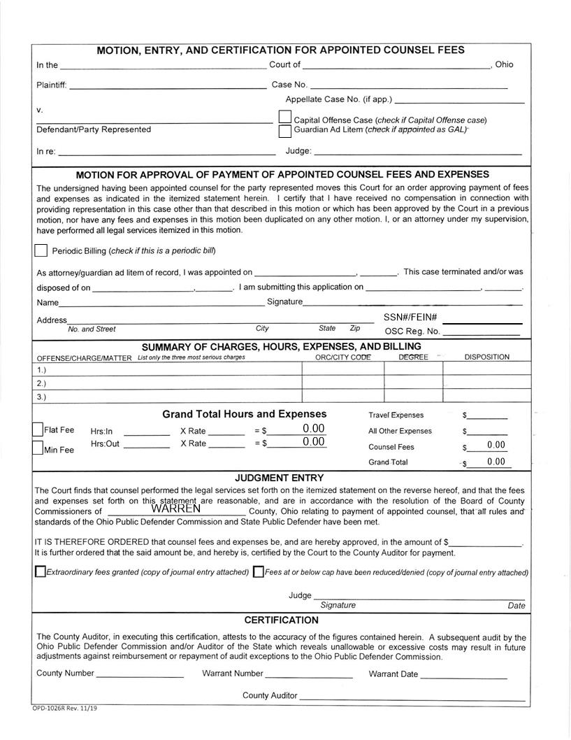 Motion, Entry, And Certification For Appointed Counsel Fees {WCJC-13} | Pdf Fpdf Doc Docx | Ohio