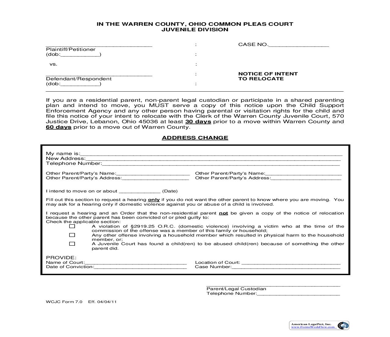 Notice Of Intent To Relocate {WCJC-7} | Pdf Fpdf Doc Docx | Ohio