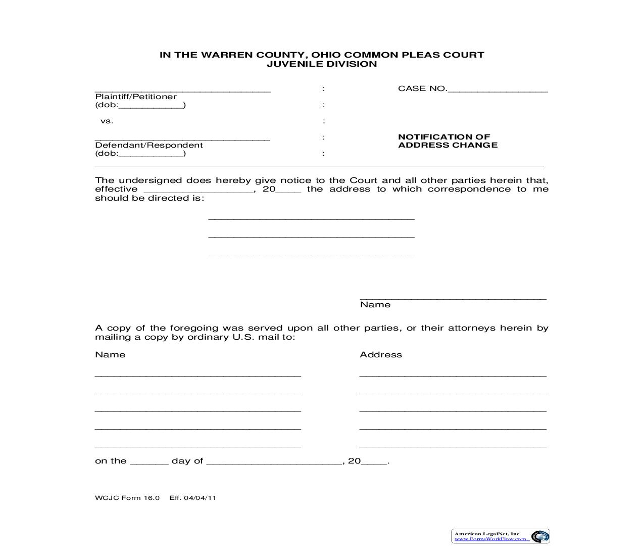 Notification Of Address Change {WCJC-16} | Pdf Fpdf Doc Docx | Ohio