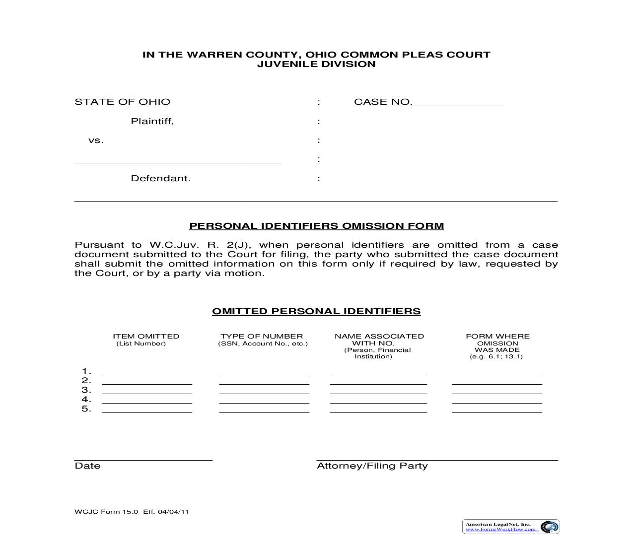 Personal Identifiers Omission Form {WCJC-15} | Pdf Fpdf Doc Docx | Ohio