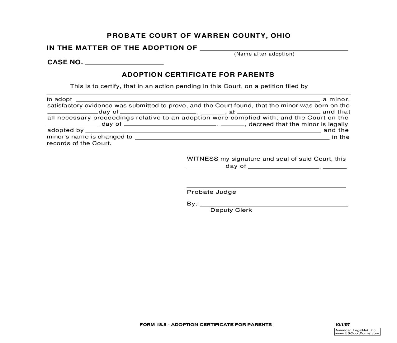Adoption Certificate For Parents {18.8} | Pdf Fpdf Doc Docx | Ohio