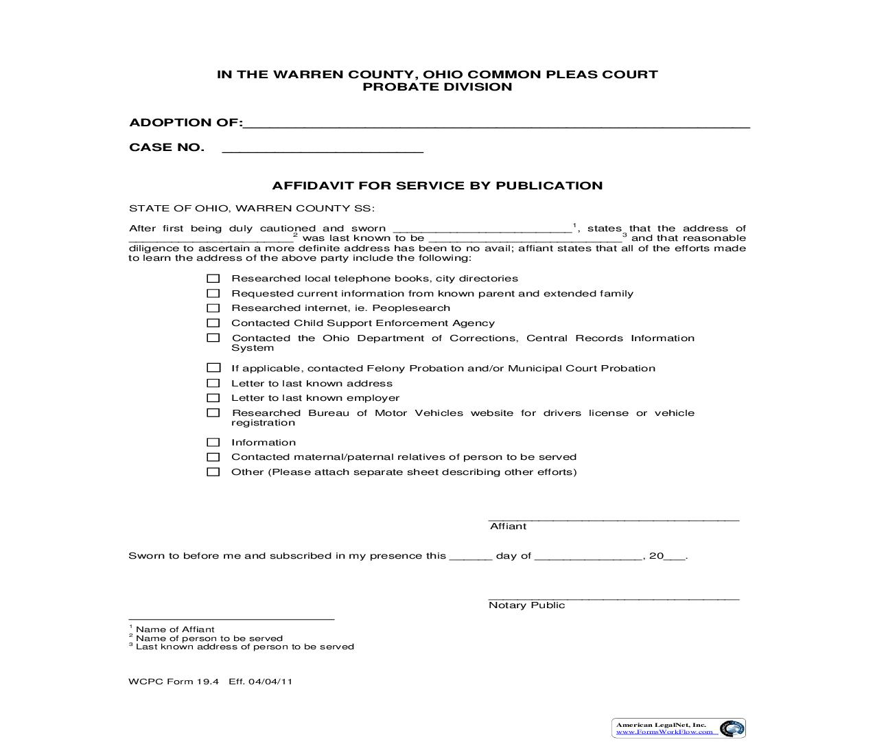 Affidavit For Service By Publication {19.4} | Pdf Fpdf Doc Docx | Ohio