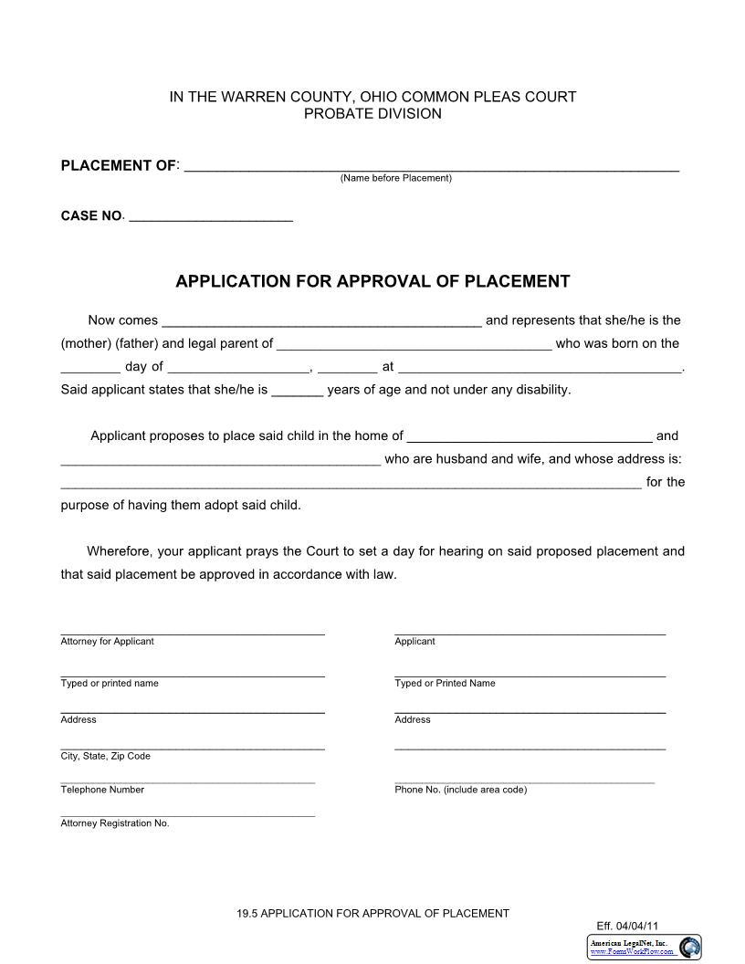 Application For Approval Of Placement {19.5} | Pdf Fpdf Docx | Ohio