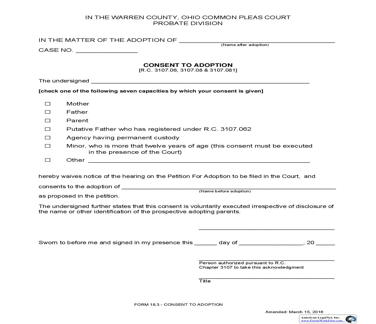 Consent To Adoption {18.3} | Pdf Fpdf Doc Docx | Ohio