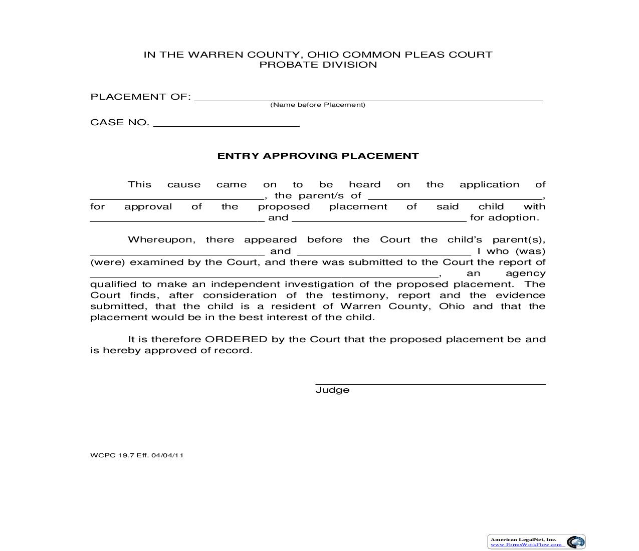 Entry Approving Placement  {19.7} | Pdf Fpdf Doc Docx | Ohio