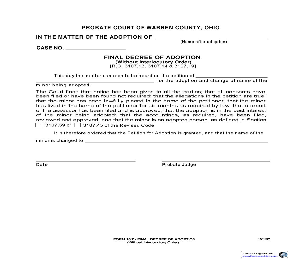 Final Decree Of Adoption (Without Interlocutory Order) {18.7} | Pdf Fpdf Doc Docx | Ohio