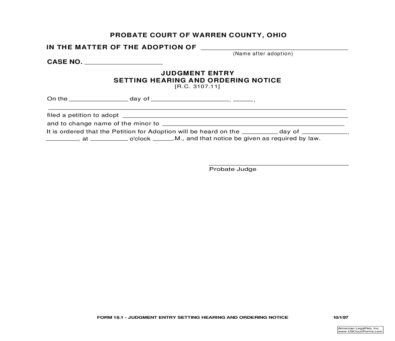 Judgment Entry Setting Hearing And Ordering Notice {18.1} | Pdf Fpdf Doc Docx | Ohio