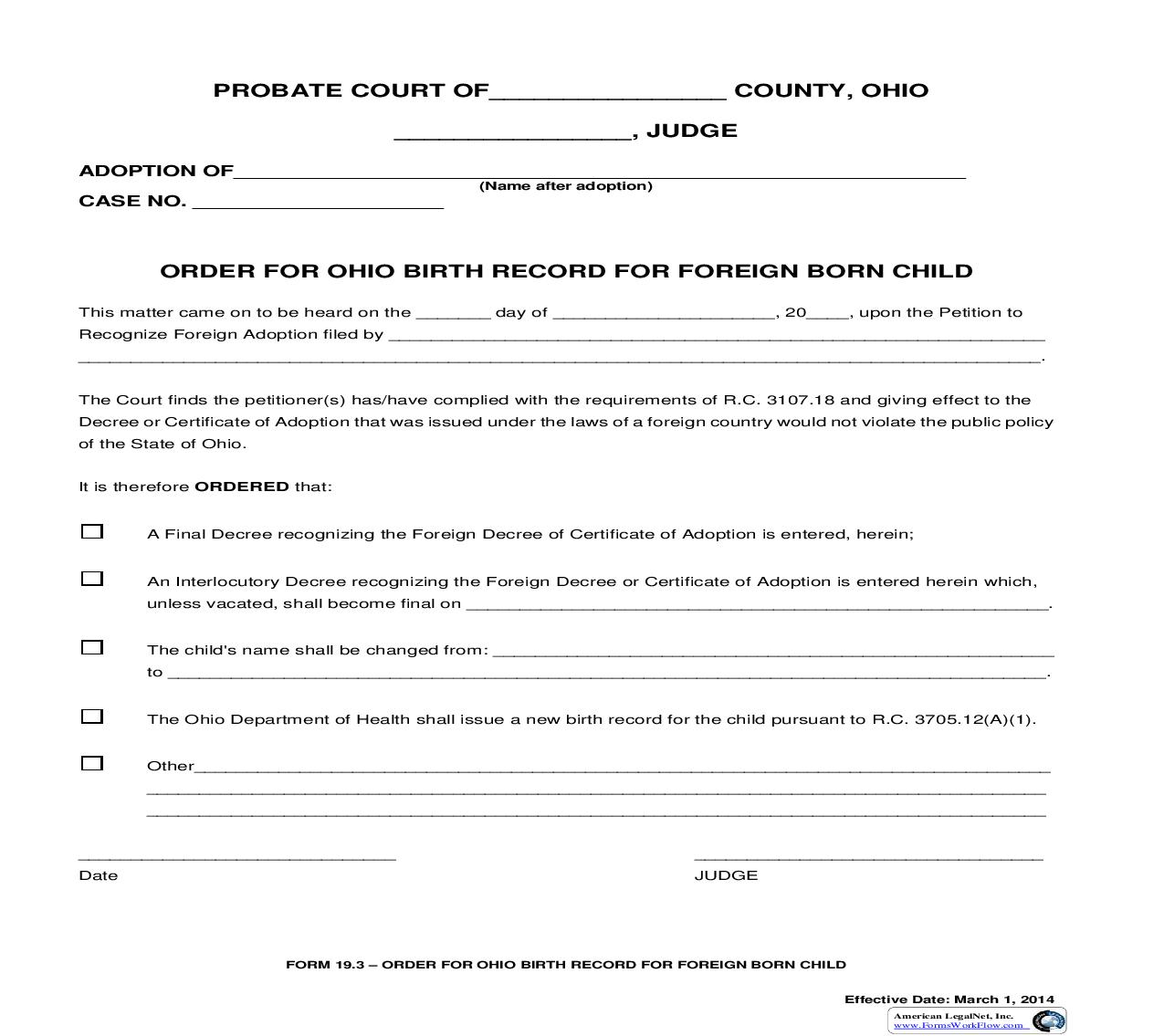 Order For Ohio Birth Record For Foreign Born Child {19.3} | Pdf Fpdf Doc Docx | Ohio