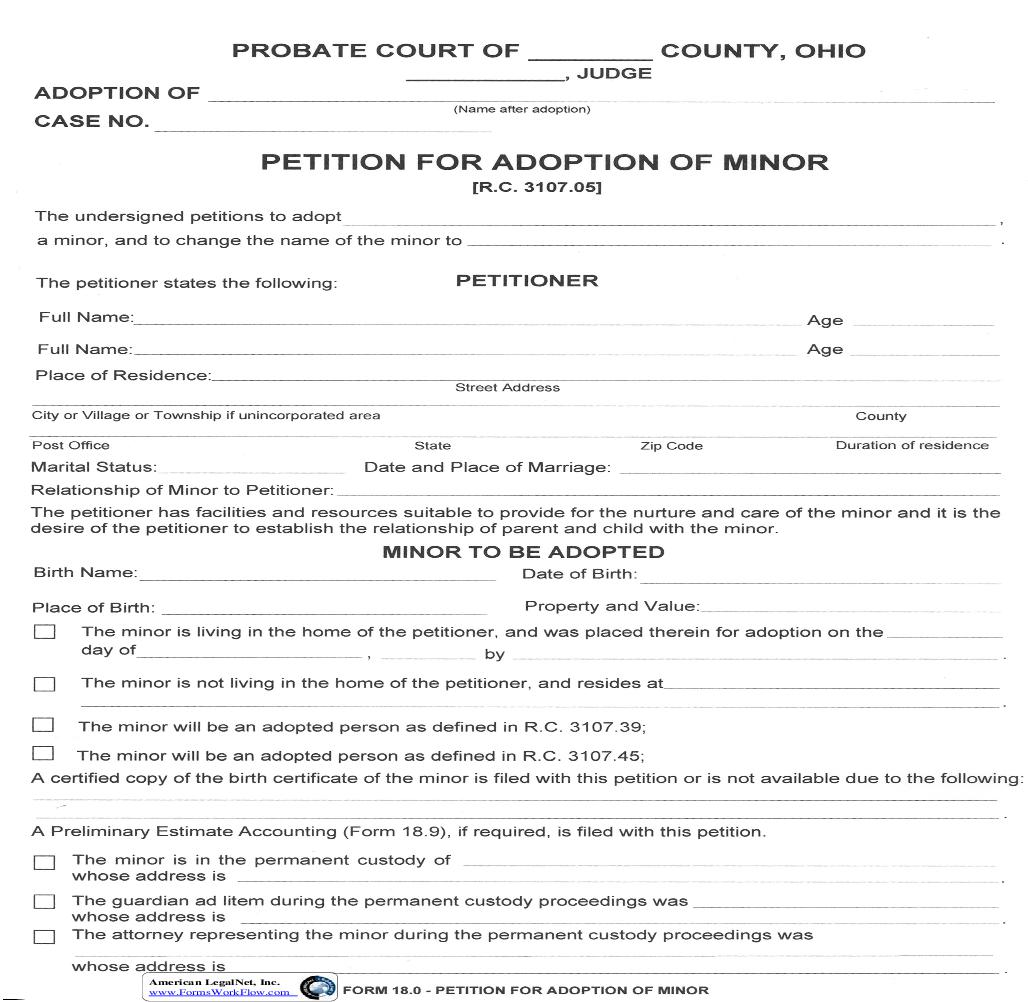 Petition For Adoption Of Minor {18.0} | Pdf Fpdf Doc Docx | Ohio