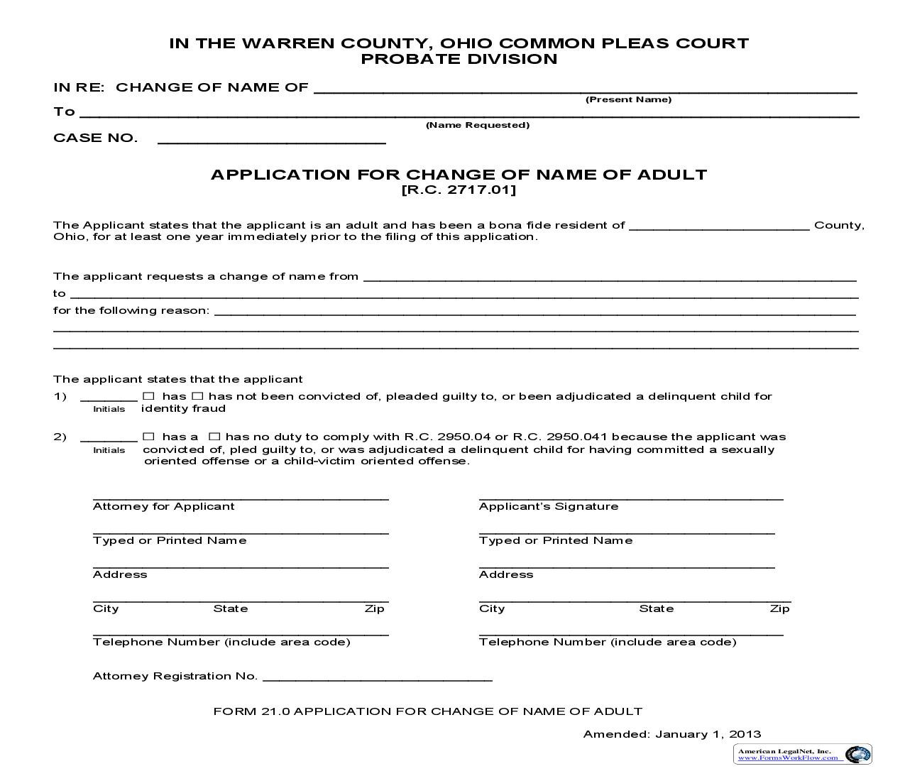 Application For Change Of Name Of Adult {21.0} | Pdf Fpdf Doc Docx | Ohio