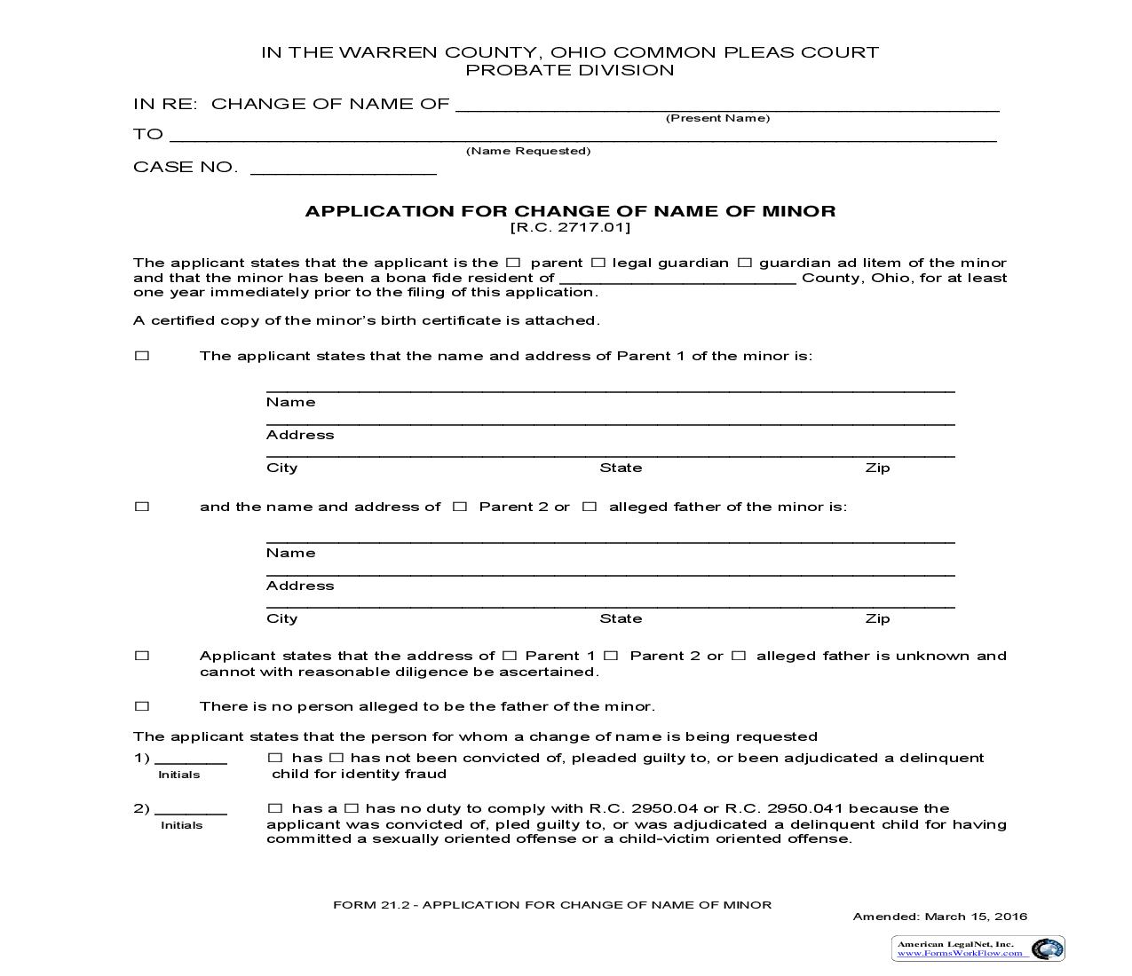 Application For Change Of Name Of Minor {21.2} | Pdf Fpdf Doc Docx | Ohio