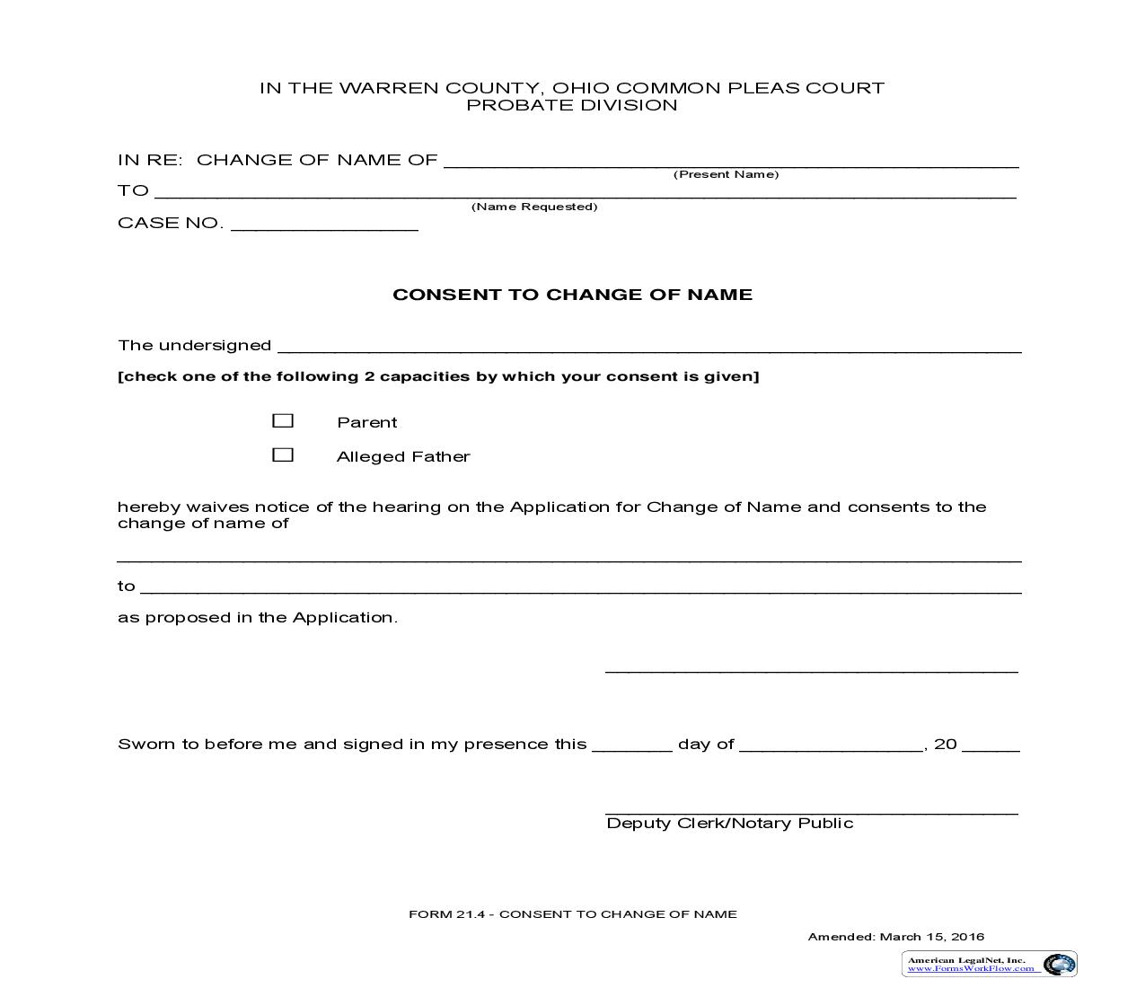 Consent To Change Of Name {21.4} | Pdf Fpdf Doc Docx | Ohio