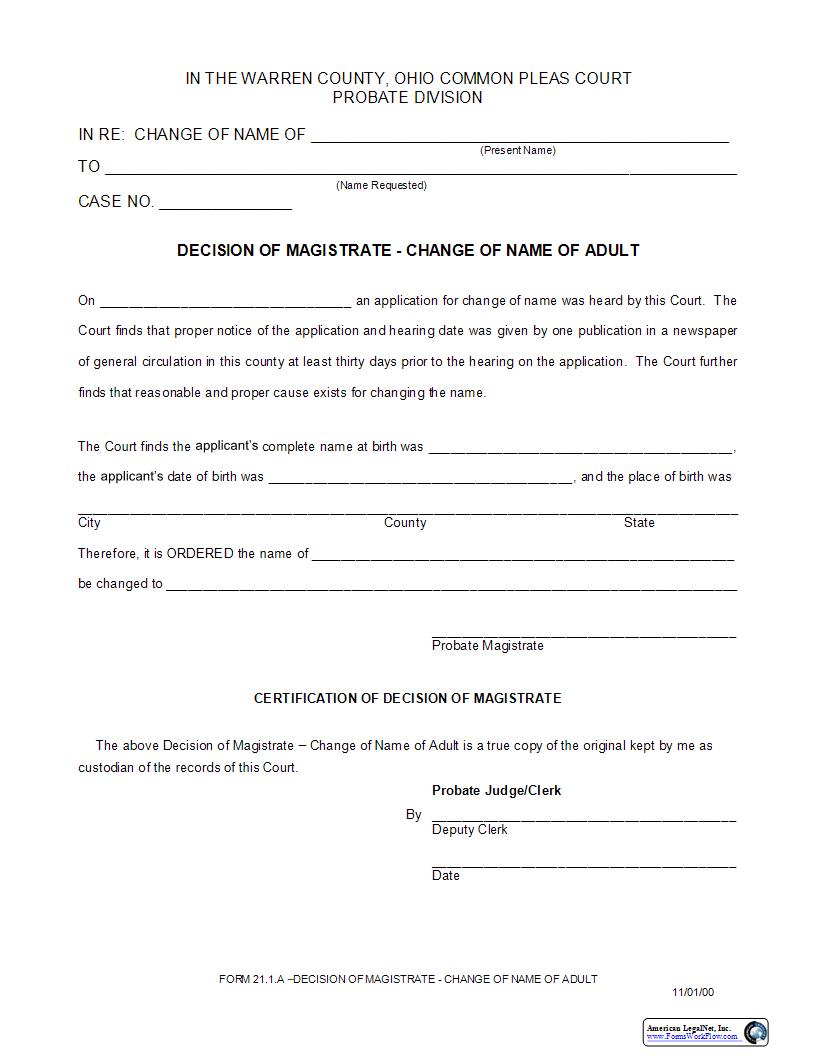 Decision Of Magistrate Change Of Name Of Adult {21.1A} | Pdf Fpdf Docx | Ohio