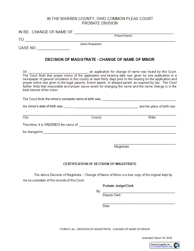 Decision Of Magistrate Change Of Name Of Minor {21.3A} | Pdf Fpdf Docx | Ohio