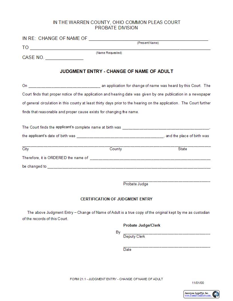 Judgment Entry Change Of Name Of Adult {21.1} | Pdf Fpdf Docx | Ohio