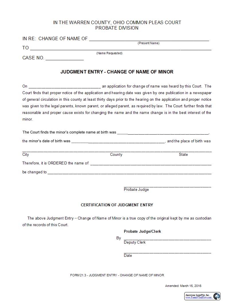 Judgment Entry Change Of Name Of Minor {21.3} | Pdf Fpdf Docx | Ohio