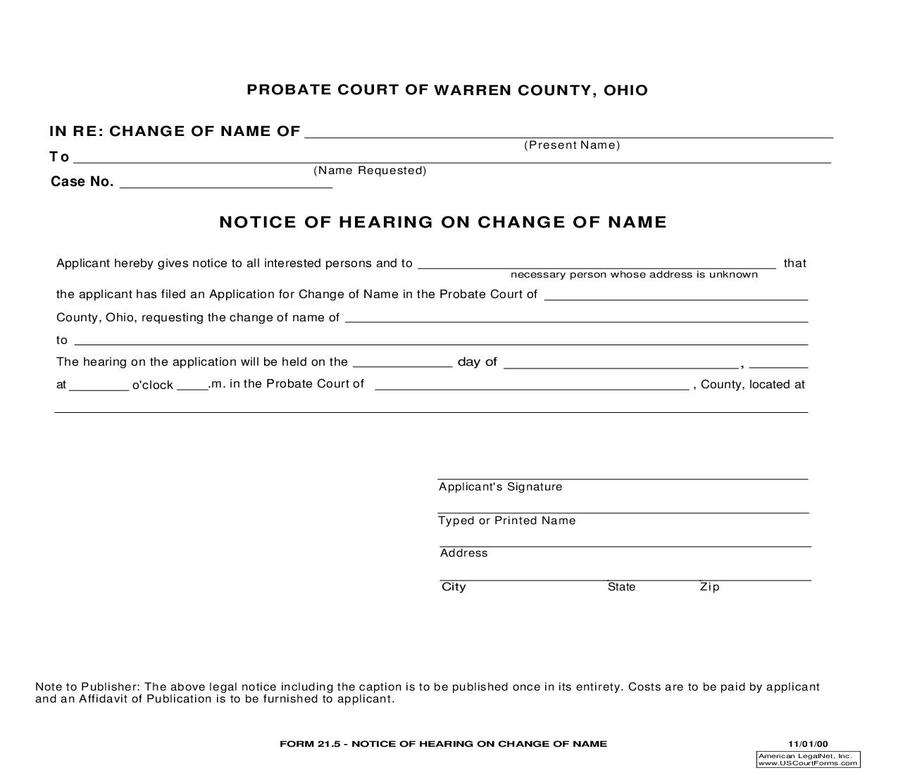 Notice Of Hearing On Change Of Name {21.5} | Pdf Fpdf Doc Docx | Ohio