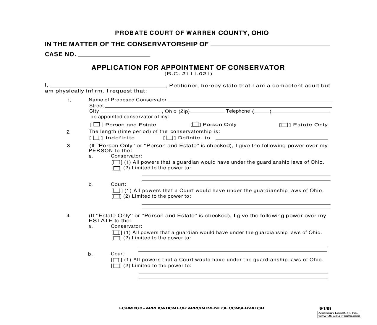 Application For Appointment Of Conservator {20.0} | Pdf Fpdf Doc Docx | Ohio