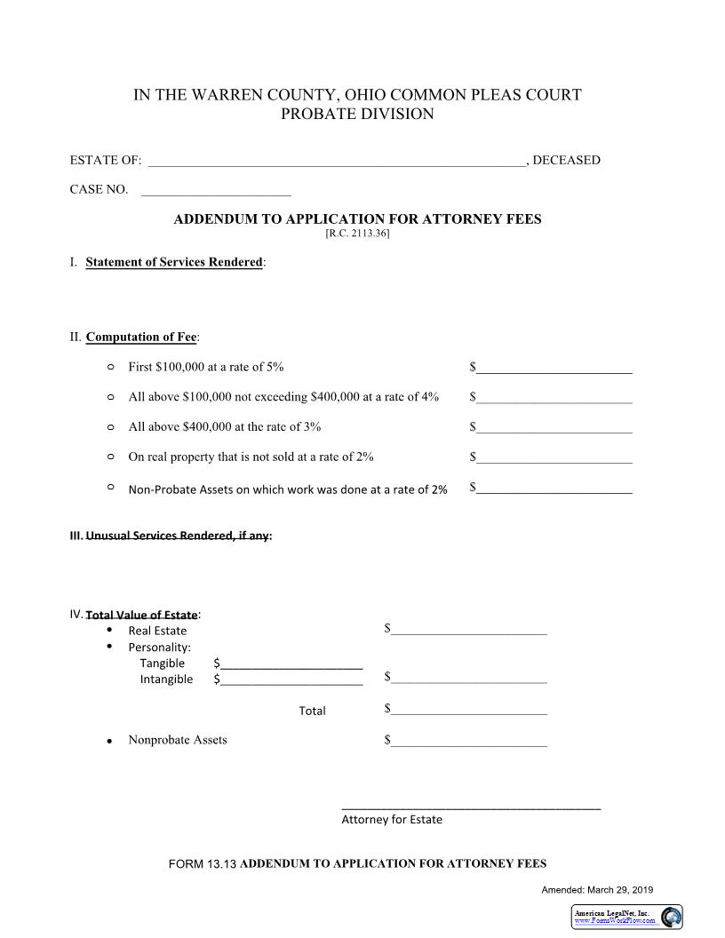 Addendum To Application For Attorneys Fees {13.13} | Pdf Fpdf Docx | Ohio