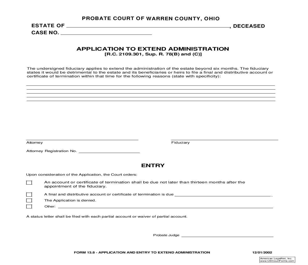 Application And Entry To Extend Administration {13.8} | Pdf Fpdf Doc Docx | Ohio