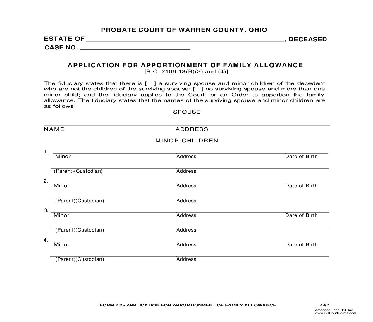 Application For Apportionment Of Family Allowance {7.2} | Pdf Fpdf Doc Docx | Ohio