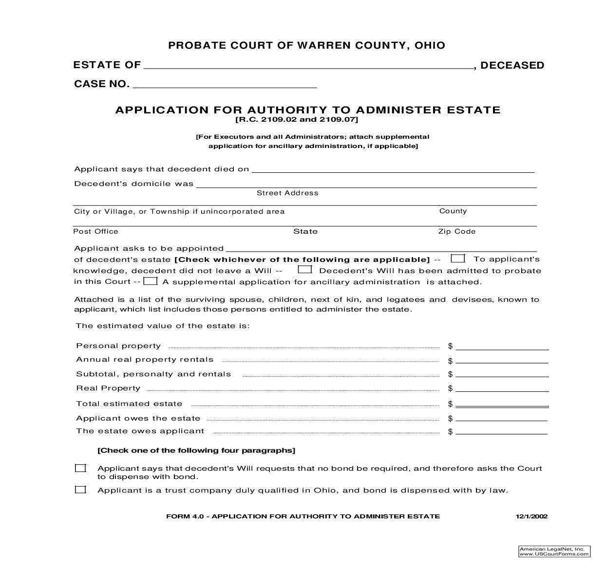 Application For Authority To Administer Estate | Pdf Fpdf Doc Docx | Ohio