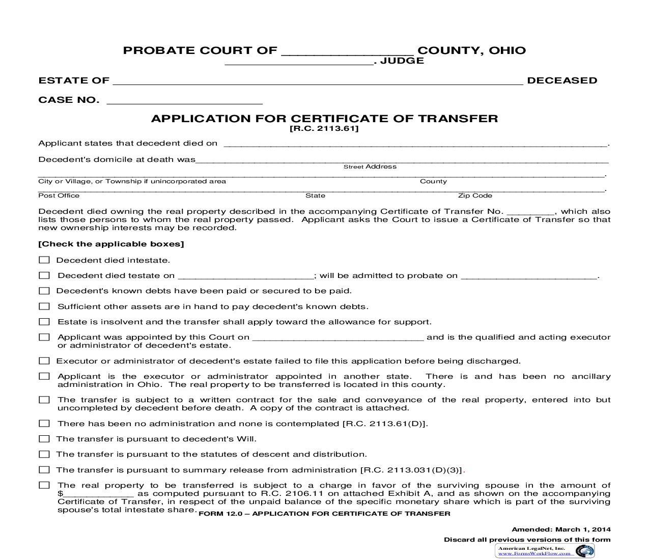 Application For Certificate Of Transfer {12.0} | Pdf Fpdf Doc Docx | Ohio