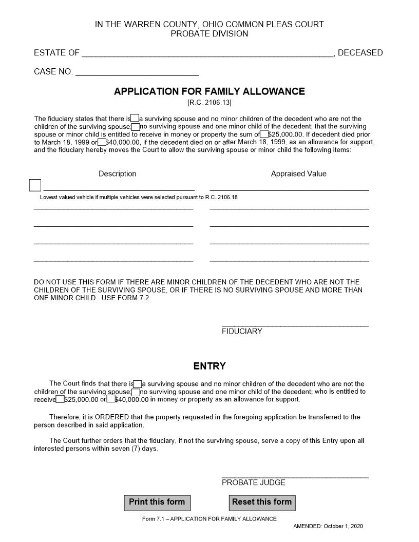Application For Family Allowance {7.1} | Pdf Fpdf Doc Docx | Ohio