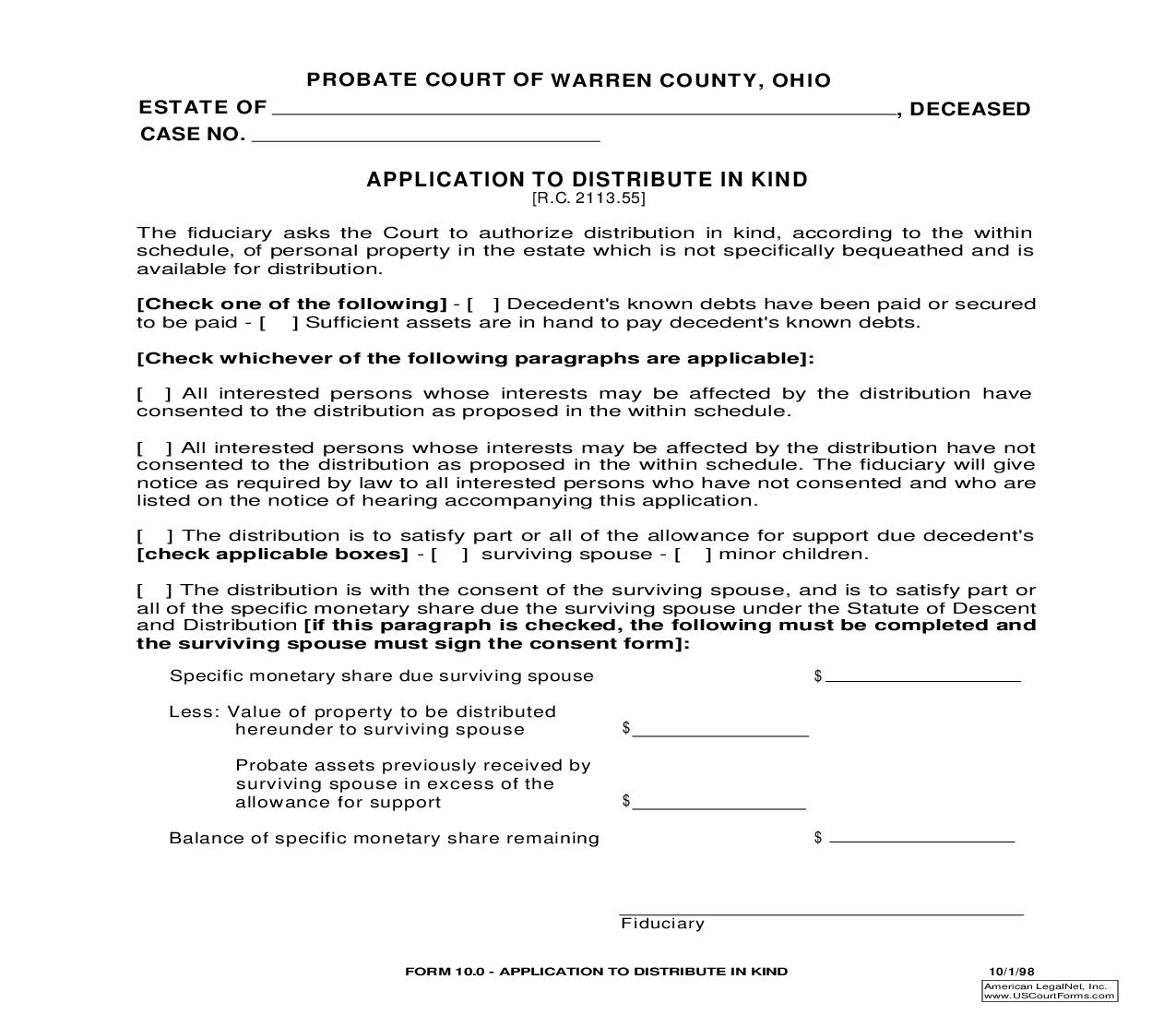 Application To Distribute In Kind {10.0} | Pdf Fpdf Doc Docx | Ohio