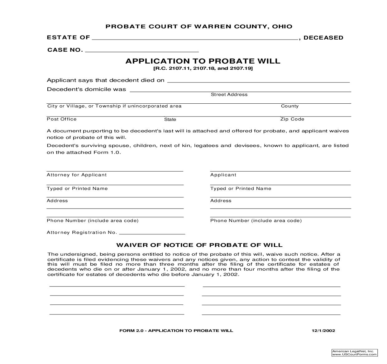 Application To Probate Will {2.0} | Pdf Fpdf Doc Docx | Ohio