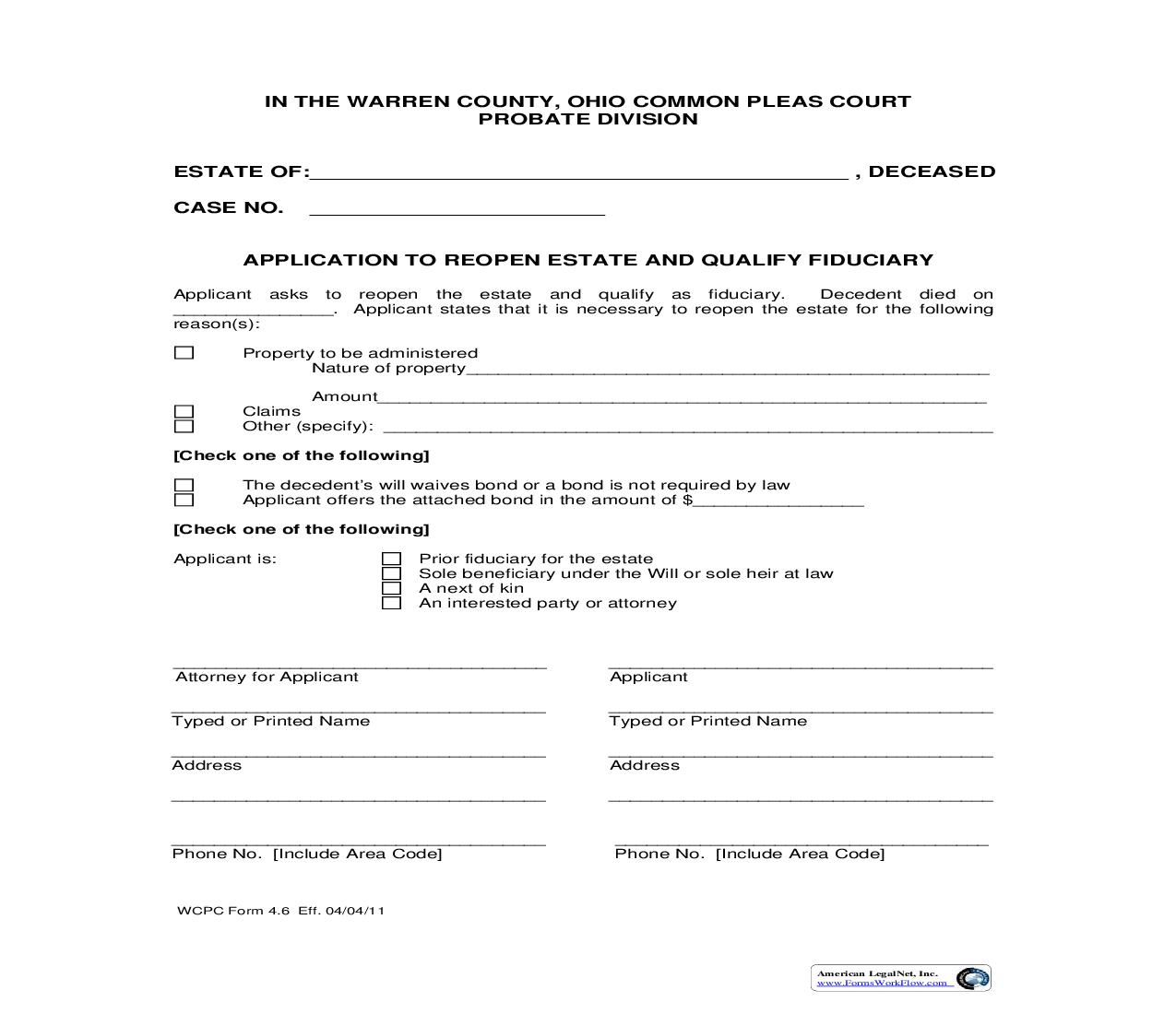 Application To Repoen Estate And Qualify Fiduciary {4.6} | Pdf Fpdf Doc Docx | Ohio
