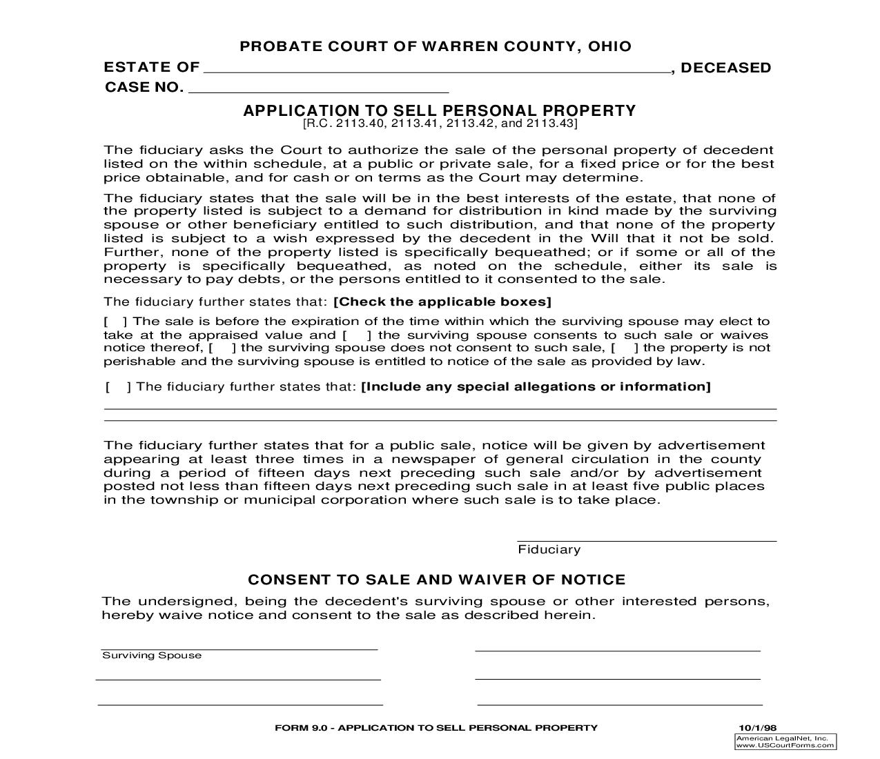Application To Sell Personal Property {9.0} | Pdf Fpdf Doc Docx | Ohio