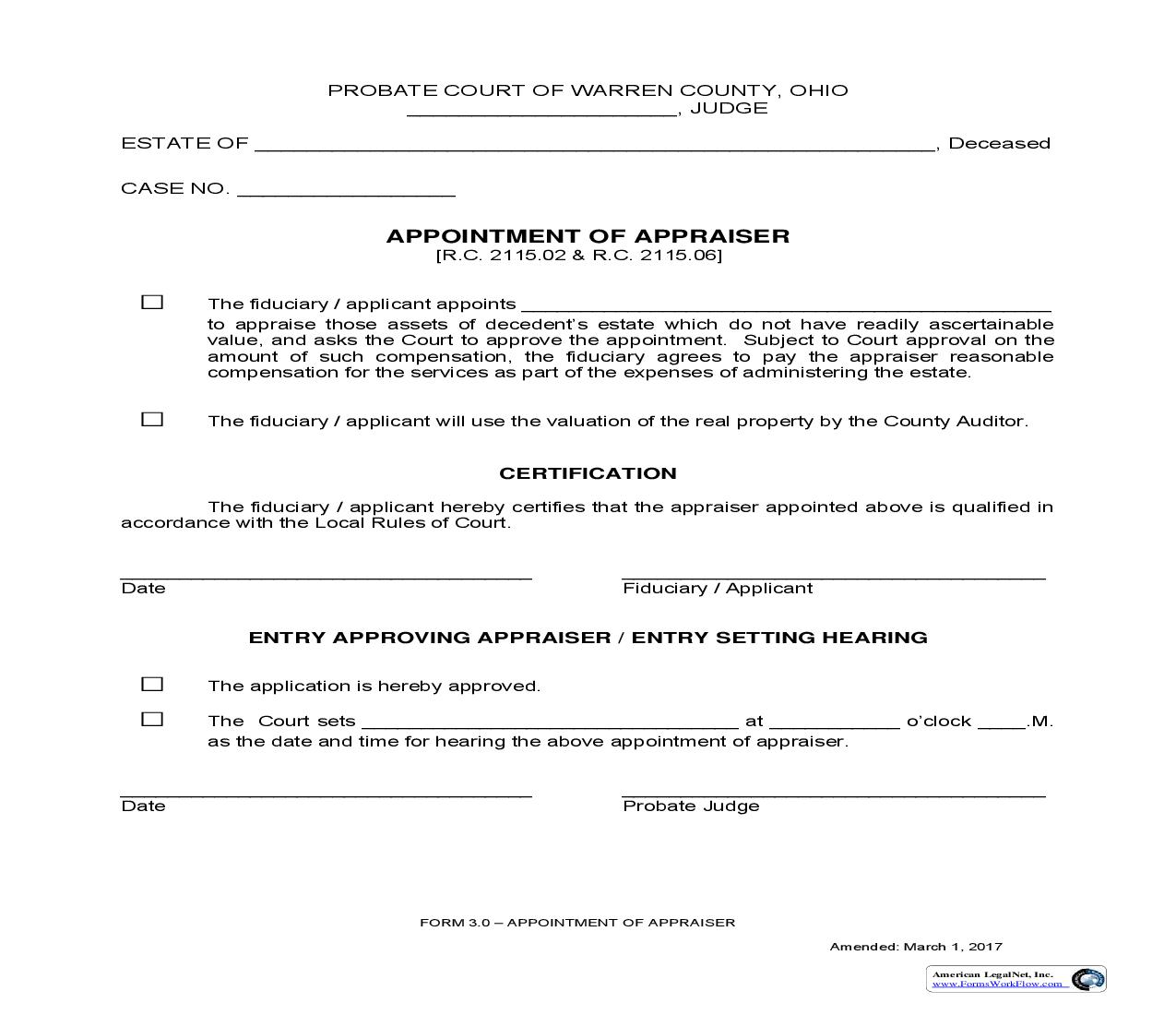 Appointment Of Appraiser {3.0} | Pdf Fpdf Doc Docx | Ohio