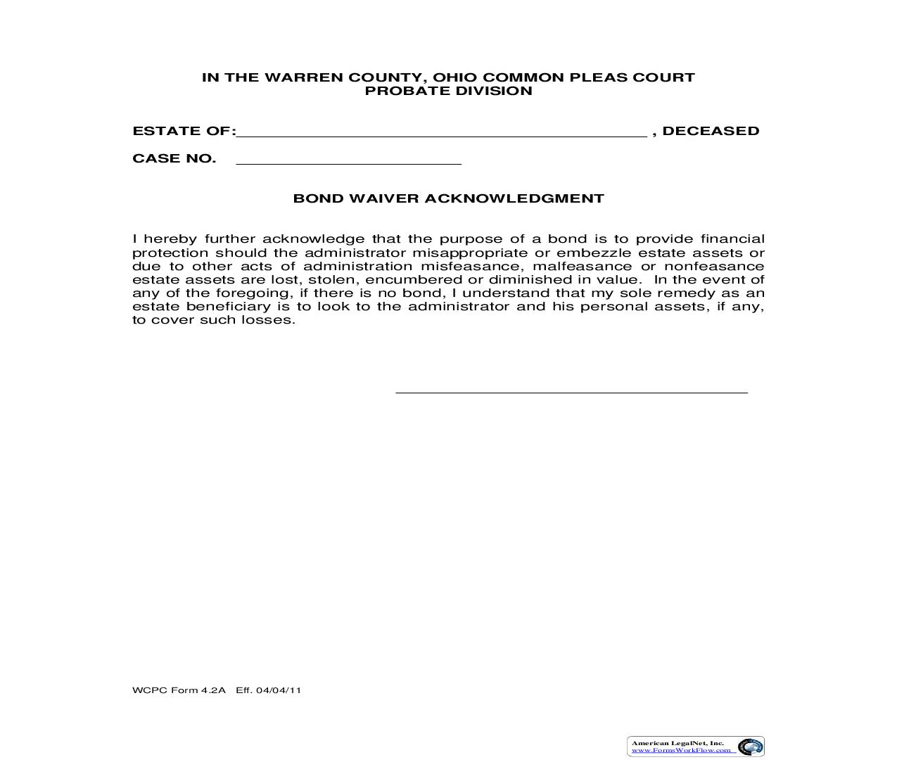 Bond Waiver Acknowledgment {4.2A} | Pdf Fpdf Doc Docx | Ohio