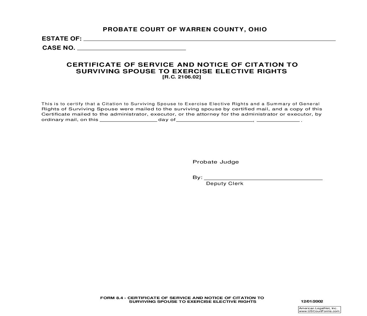 Certificate Of Service And Notice Of Citation To Surviving Spouse {8.4} | Pdf Fpdf Doc Docx | Ohio