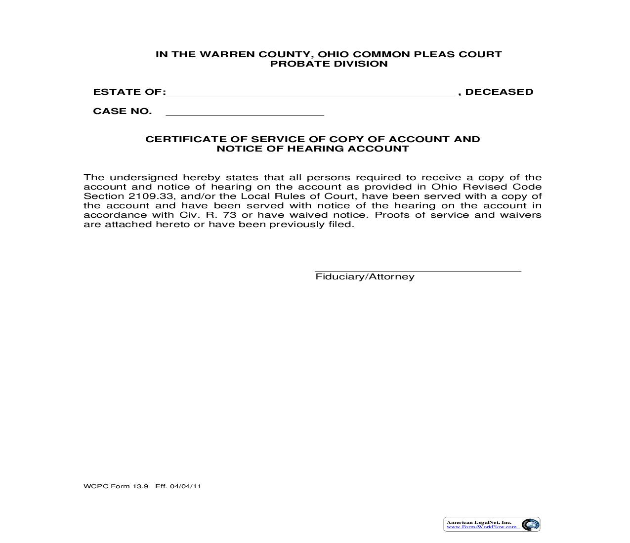 Certificate Of Service Of Account To Heirs Or Beneficiaries {13.9} | Pdf Fpdf Doc Docx | Ohio