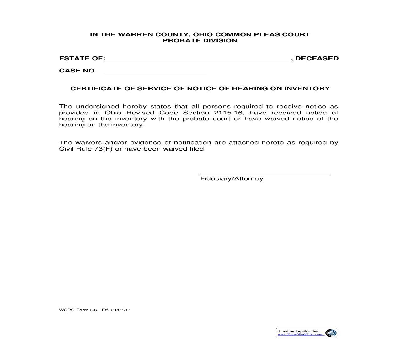 Certificate Of Service Of Notice Of Hearing On Inventory {6.6} | Pdf Fpdf Doc Docx | Ohio