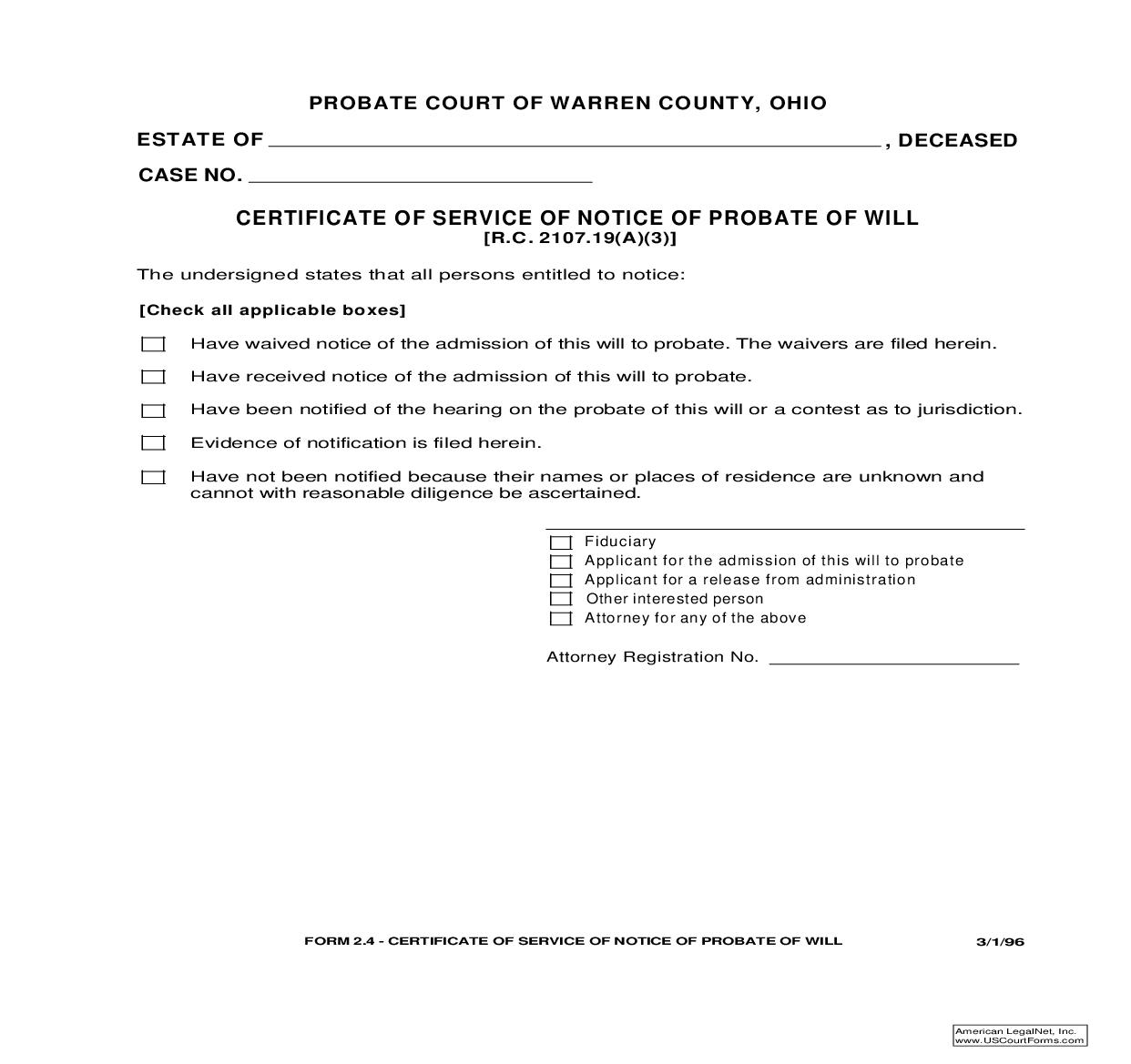 Certificate Of Service Of Notice Of Probate Of Will {2.4} | Pdf Fpdf Doc Docx | Ohio
